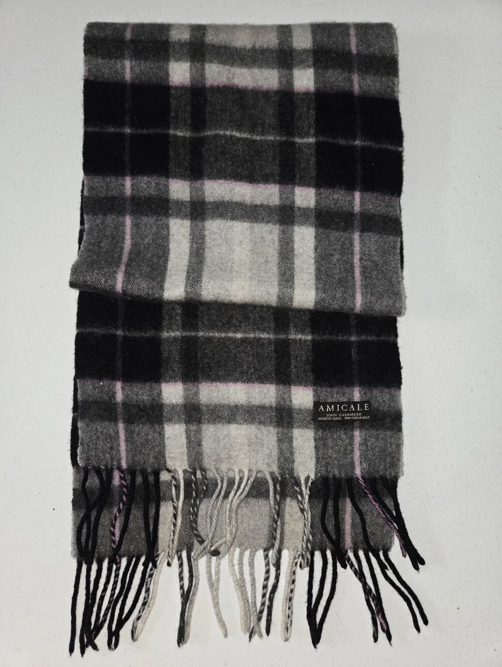Amicale 100% Cashmere Plaid Scarf Gray Black Pink Luxury Vintage